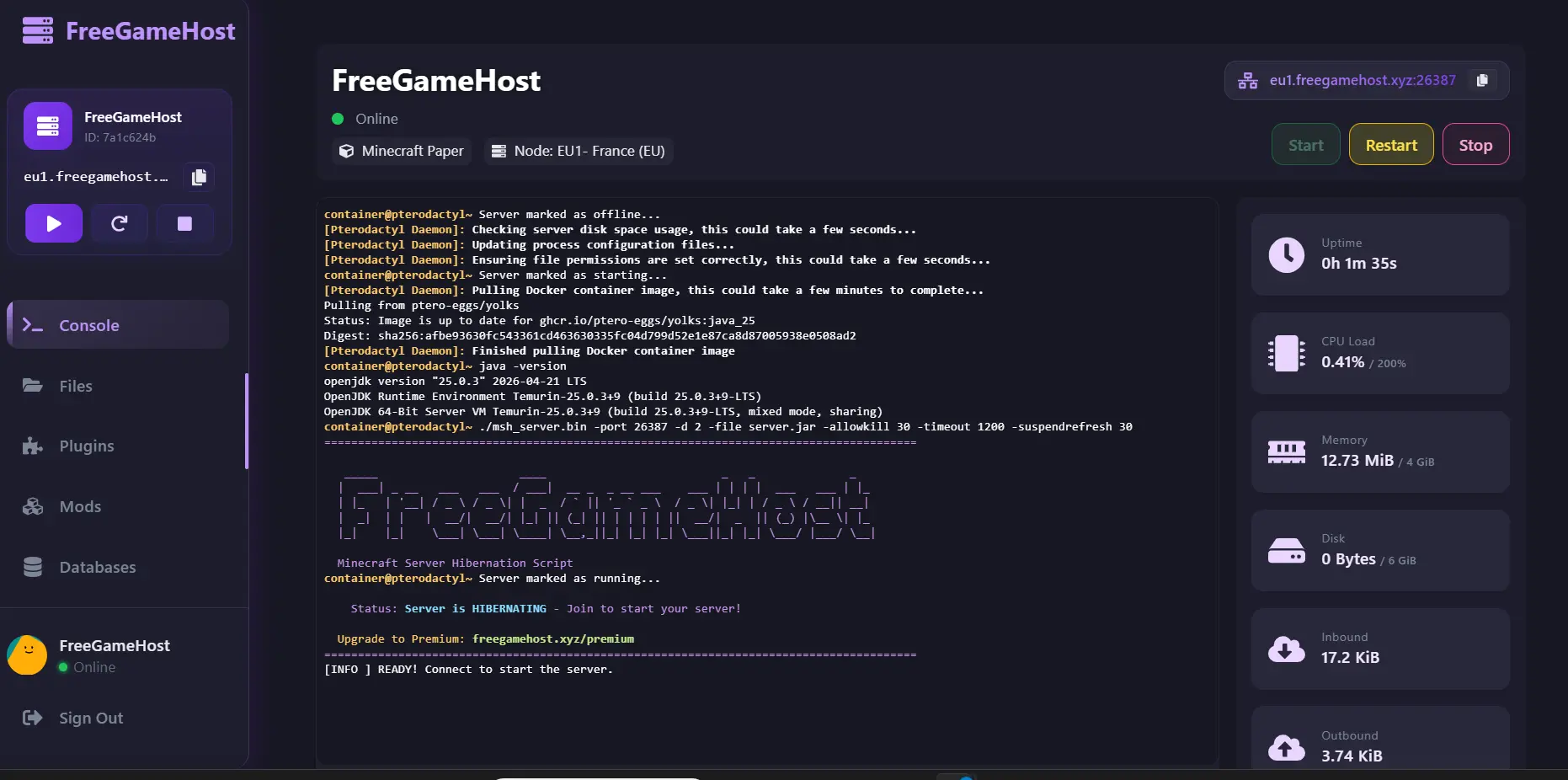 FreeGameHost Pterodactyl panel showing a Minecraft server console, file manager, and startup configuration